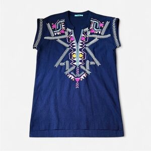 Karlie Navy Blue Embroidered Cotton And Linen Tunic. Women’s Large